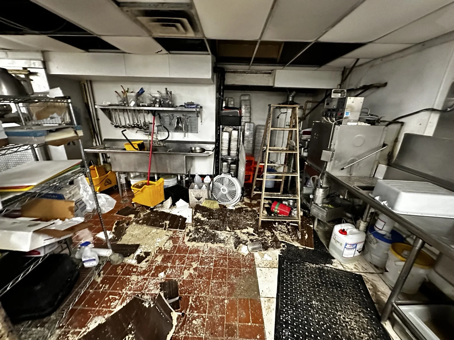 Commercial kitchen damage requiring cleanup and restoration